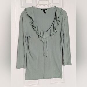 Ralph Lauren Women's (Medium) Sage Green 3/4 Sleeve Top w/ Ruffled V-Neck